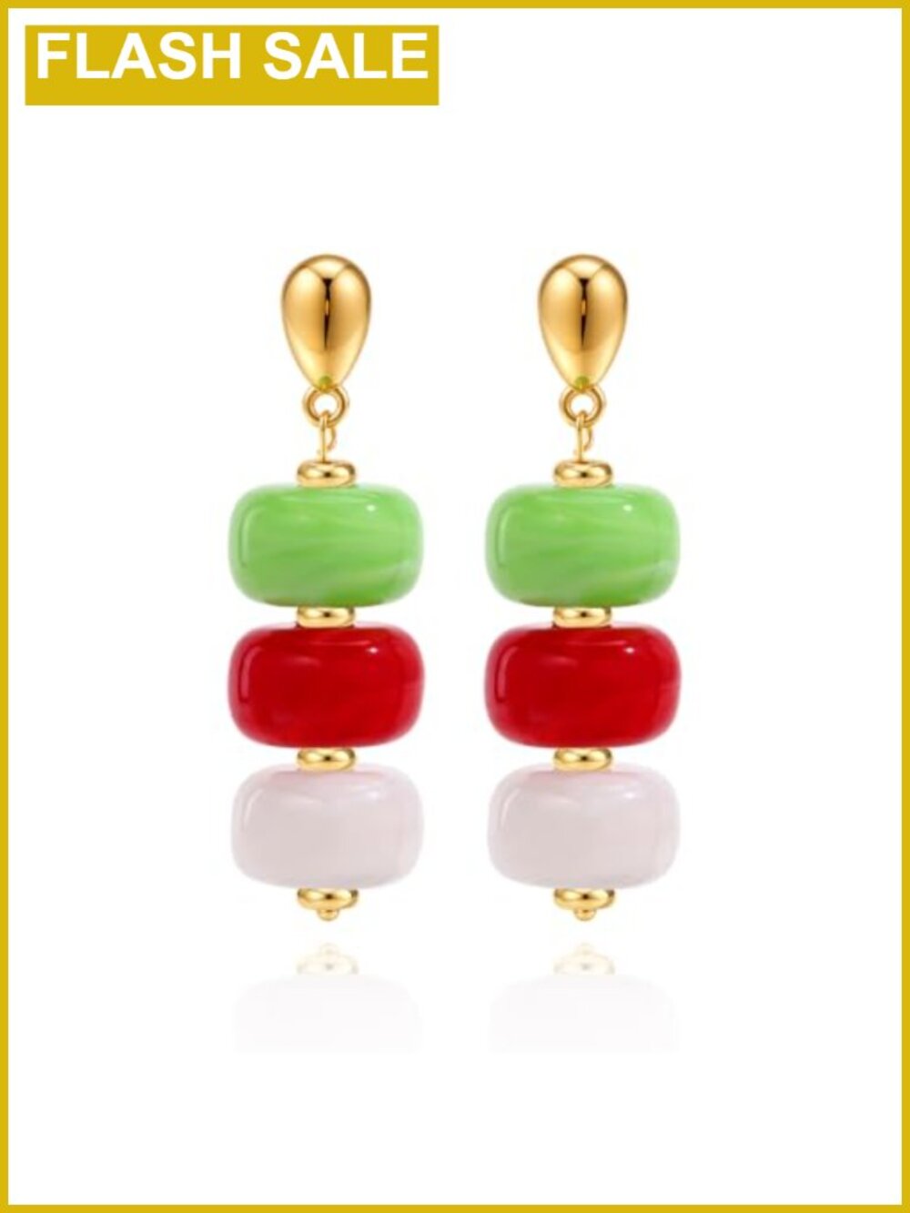 Red Green White Beaded Dangle Earrings 14K Gold Plated